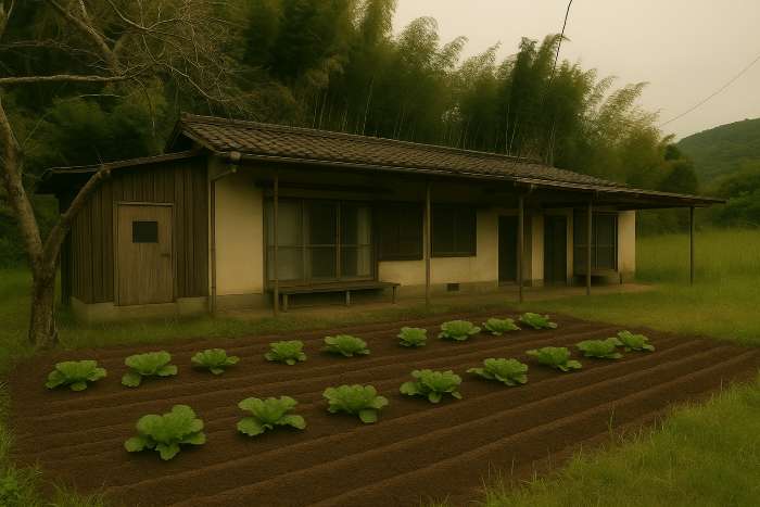 家の前に整備された畑スペースが広がる、平屋の古民家。竹林に囲まれた静かな環境の中で、家庭菜園や自給自足が楽しめそうな田舎暮らしの風景。