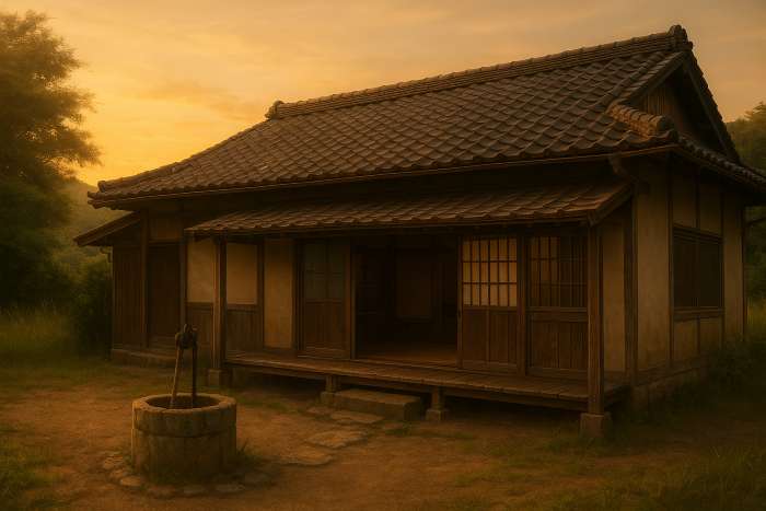 夕暮れ時の柔らかな光に照らされた、縁側と土間のある日本の伝統的な古民家。築60年以上ながらも丁寧に手入れされ、井戸も残る穏やかな風景。
