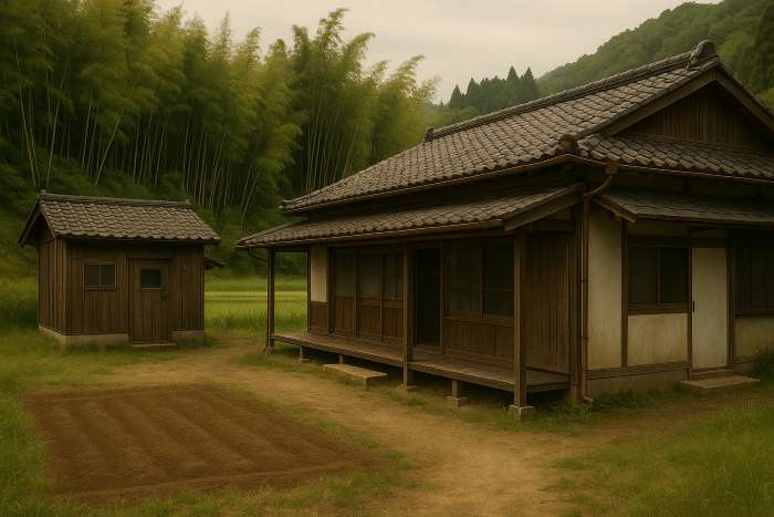 広い敷地に建つ平屋と小さな離れ。まわりを田んぼと竹林に囲まれ、静かな自然の中で週末移住にもぴったりな空き家の外観。