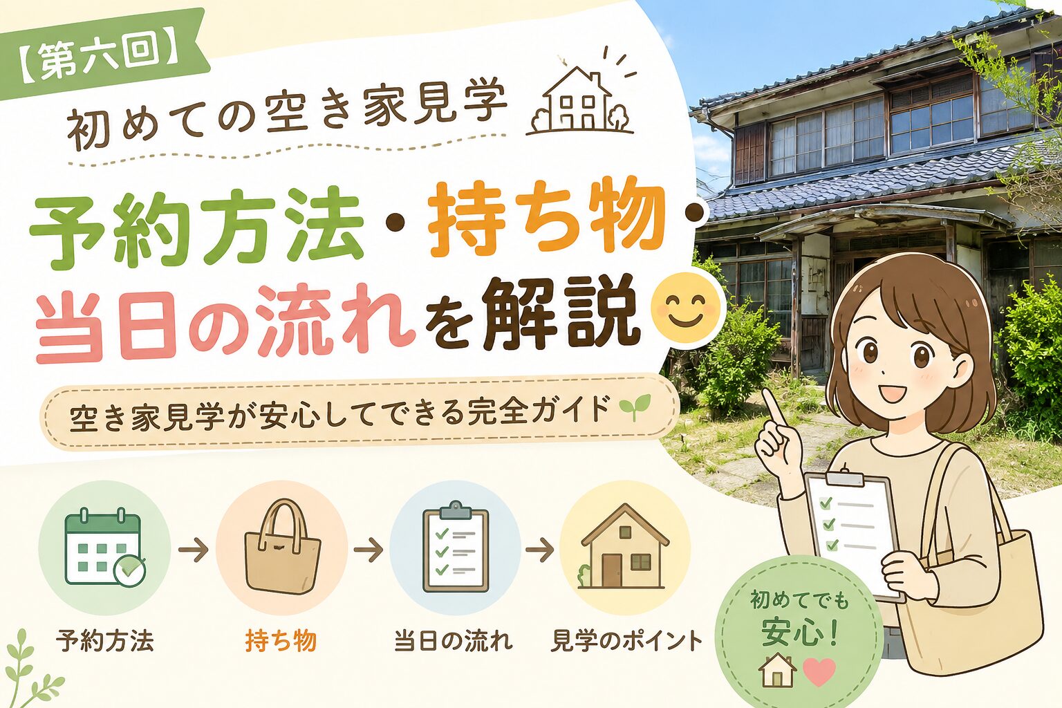 初めての空き家見学の予約方法や持ち物、当日の流れを解説するアイキャッチ画像